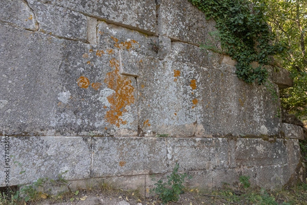 Fototapeta Termessos is an ancient city located in Turkey high in the mountains. The walls of the buildings in the ancient city are made of large smooth stone blocks. Ruins of the city among the trees.