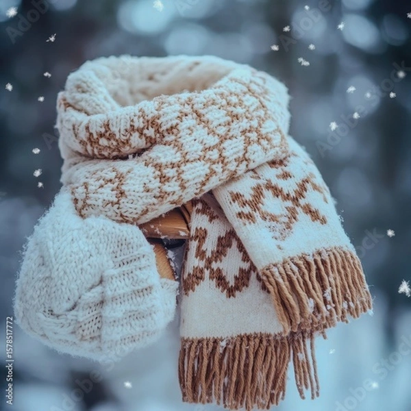 Obraz warm scarf and mittens symbolizing winter coziness isolated snowy