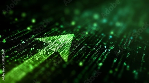 Fototapeta A green digital arrow pointing upwards, symbolizing growth and progress in technology and data analysis.