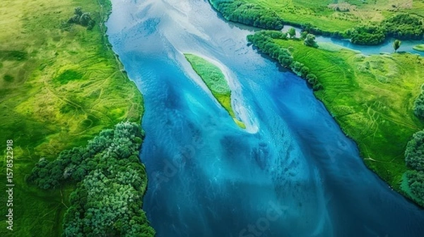 Obraz watercolor river merging into ocean blue and green on merge point .