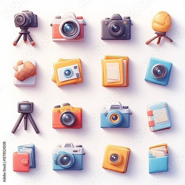 Fototapeta Collection of stylized camera icons and photography related objects on a white background