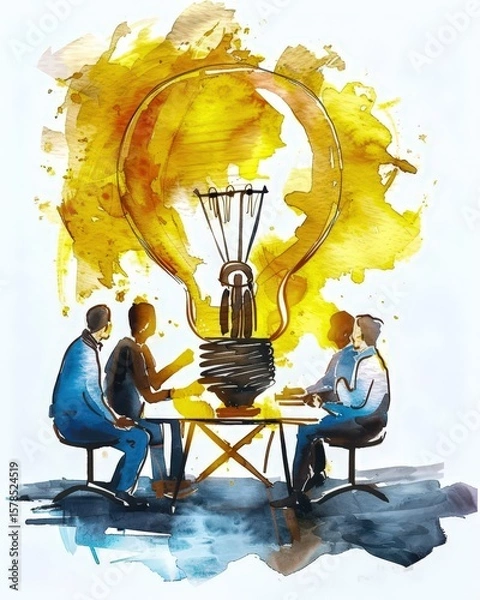 Obraz watercolor tech startup team brainstorming with lightbulbs soft wash .