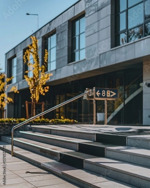 Obraz wheelchair ramp leading to a modern building on accessibility sign f aperture neutral tones