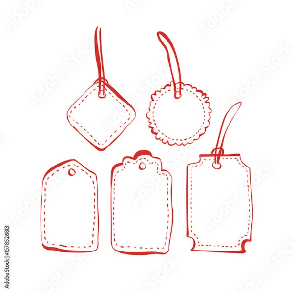 Fototapeta Set of hand-drawn gift tags with stitches and strings for packaging and decoration