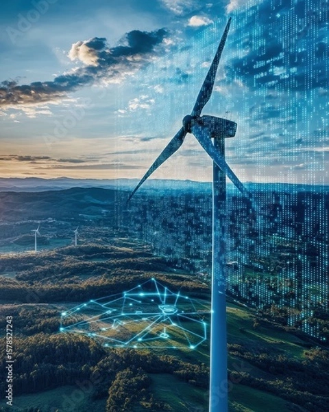 Obraz wind turbine hologram being managed by AI avatar showing carbon reduction metrics