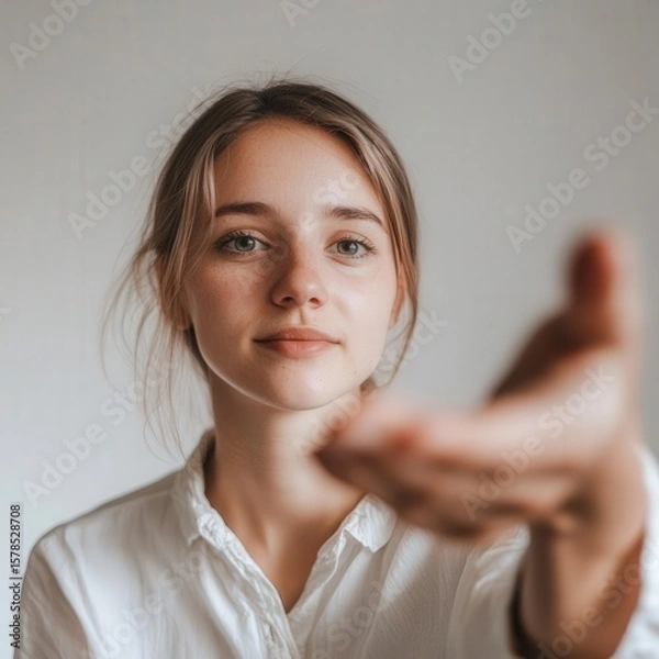 Obraz woman giving a supportive pat gesture invisible person beside her neutral backdrop close?up