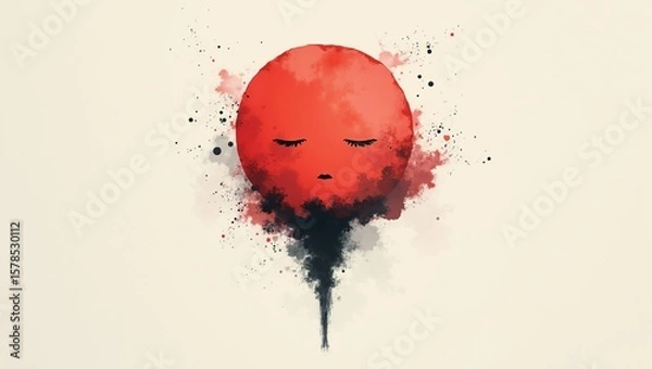 Fototapeta Emotional exhaustion and inner sadness concept represented by a red face with closed eyes and abstract smoke watercolor art