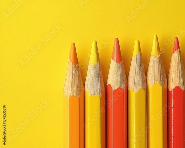 Fototapeta Stack of colorful pencils arranged against a vibrant yellow background