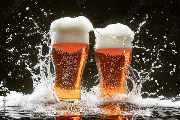 Fototapeta Two glasses of beer clashing with splash and foam effects