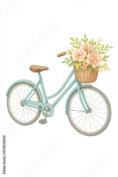 Fototapeta Pastel Teal Bicycle with Flower Basket on Dark Background,clipart, cut out, no background ,PNG die-cut for advertising
