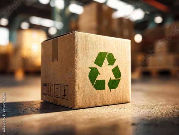 Fototapeta Recyclable cardboard box with recycling symbol in a warehouse setting