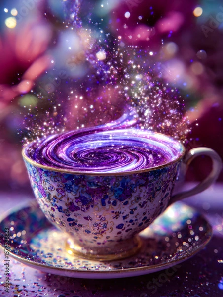 Fototapeta Enchanting cosmic swirl emerging from a decorated teacup with sparkling galaxy effects