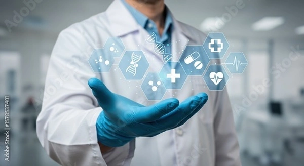 Obraz Doctor presenting futuristic medical icons and dna helix in a modern healthcare setting
