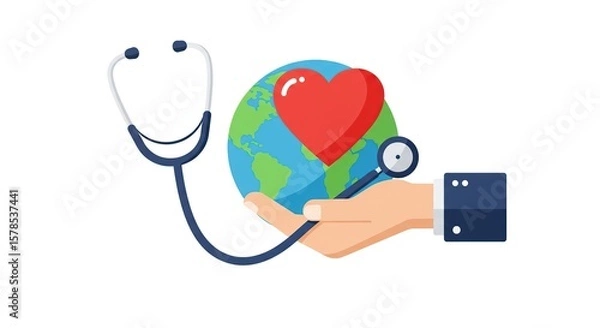 Obraz Stethoscope examines heart on globe held by hand