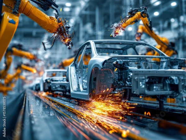 Fototapeta Automated car manufacturing with robotic arms welding on an assembly line