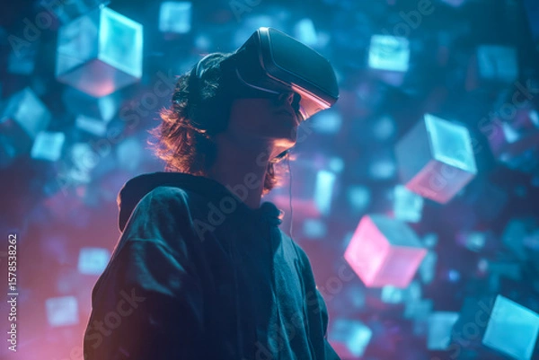 Fototapeta Person wearing a virtual reality headset in a digital environment with floating cubes