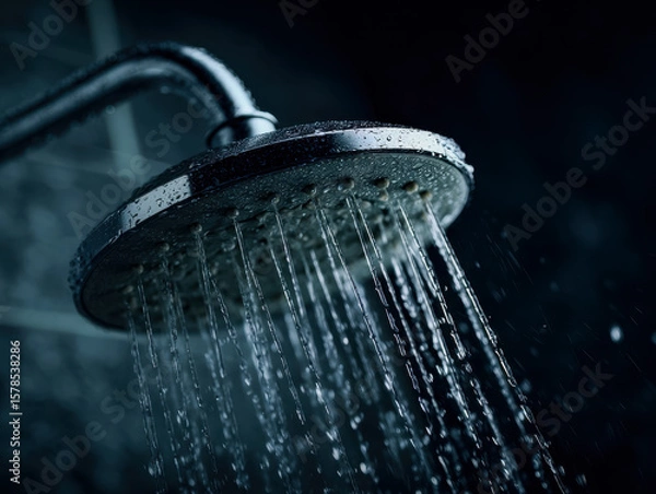 Fototapeta Modern showerhead with flowing water in a bathroom setting