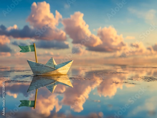 Fototapeta Small paper boat with a green flag floating on a reflective water surface during sunset with a colorful sky and clouds