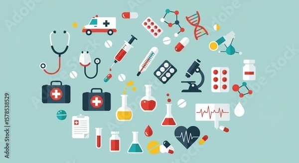 Obraz A colorful collection of medical icons and symbols on a light blue background