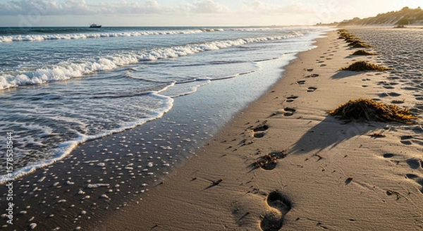 Fototapeta Sandy beach shoreline with footprints, waves, and a distant ship under a bright sky.
