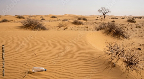 Fototapeta Arid desert landscape featuring sand dunes, sparse vegetation, a solitary tree, and a discarded plastic bottle.
