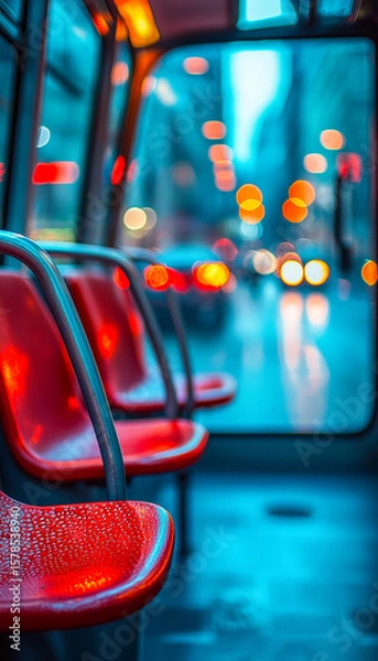 Fototapeta Empty bus interior with vibrant city lights in the background