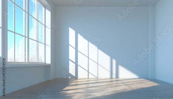 Fototapeta Sunlit empty room with large windows and shadow patterns on the wall