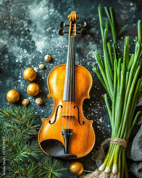 Fototapeta Festive scene with a violin, green onions, and holiday ornaments arranged on a dark surface