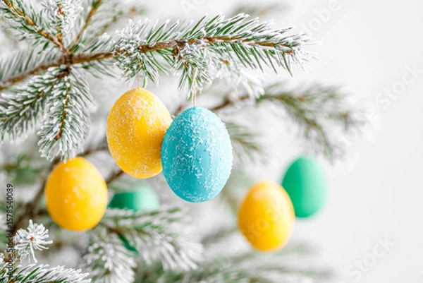 Fototapeta Colorful Easter eggs hanging on a frosted Christmas tree branch