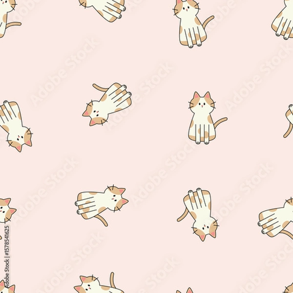 Fototapeta Cute cartoon cat seamless pattern. Seamless pattern featuring cute cartoon kitty pet characters. Kitten collection, perfect for children's prints. The pattern is ideal for wallpaper, packaging, fabric