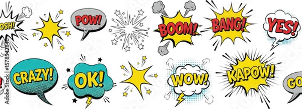 Fototapeta Comic book speech bubbles vector illustration set, pop art style elements, explosion sound effects design