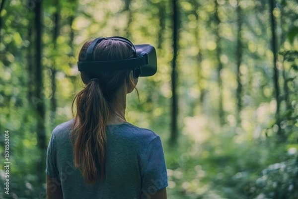 Fototapeta VR forest walk generated by AI for trauma therapy, personalized nature paths shifting to user breathing