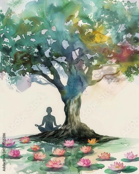 Fototapeta watercolor illustration of a person meditating under a tree with floating lotus flowers soft pastel tones on hands .