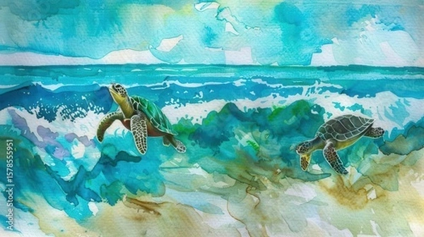 Fototapeta watercolor ocean waves with turtles soft blues on turtle .