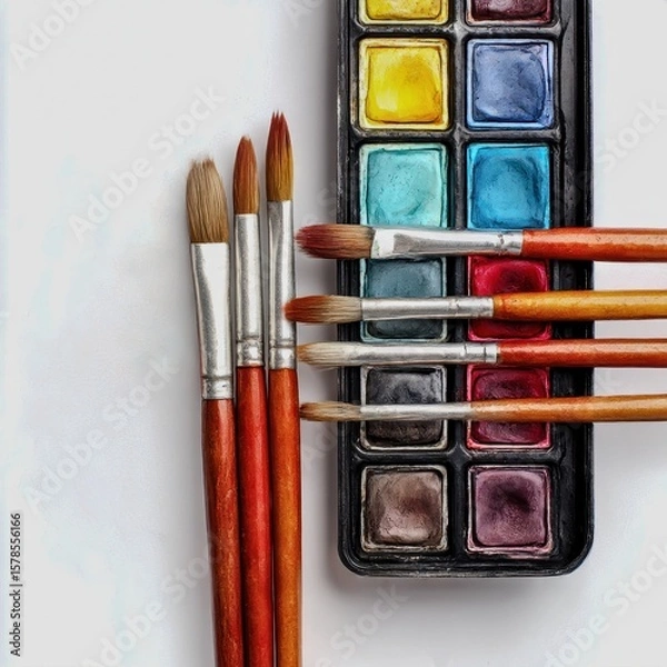 Fototapeta watercolor palette with brushes top down view isolated white