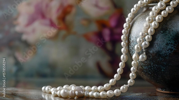 Fototapeta Elegant strand of pearls displayed in a close-up against a ceramic vase and dark background showing intricate details in a high quality and luxurious visual style.

