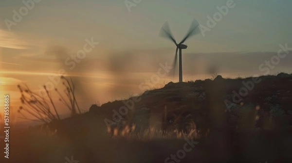 Fototapeta wind turbines on a hill at sunset on rotating blades f aperture golden hour