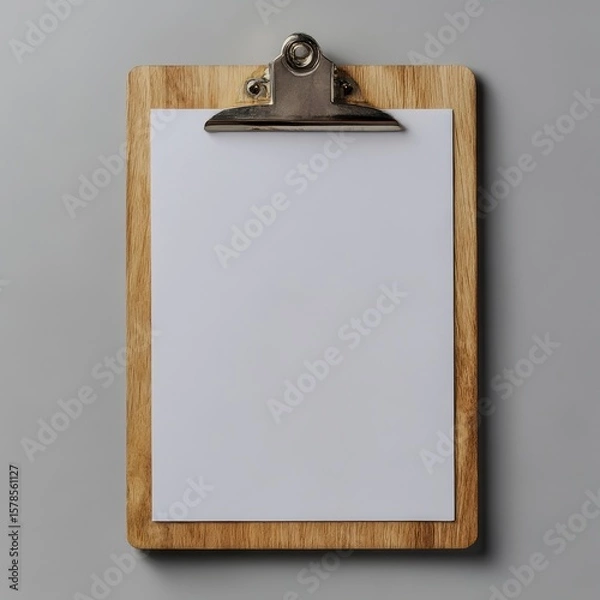 Fototapeta wooden clipboard with blank paper isolated flat lay sharp detail neutral