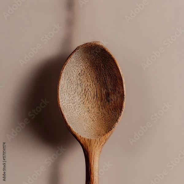 Fototapeta wooden spoon close up sharp detail top down view natural texture isolated on solid