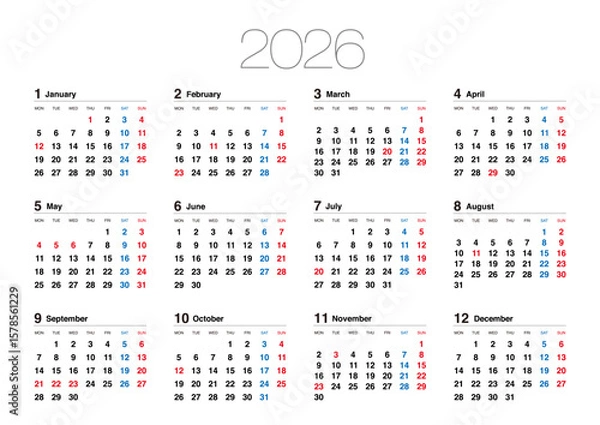 Obraz 2026年の月曜始まりの年間カレンダーです。横位置