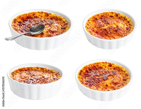 Fototapeta Compilation of Caramelized Creme Brulee Desserts in White Bowls against a Transparent Background with a Spoon Offering a Culinary Delight