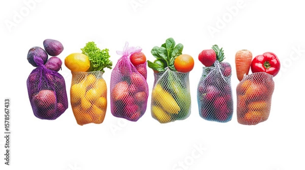 Fototapeta • A vibrant flat-lay of fresh produce in reusable mesh bags, isolated on white background in HD 
