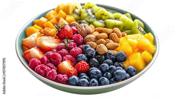 Fototapeta • A vibrant smoothie bowl topped with fresh fruits and nuts, isolated on white background in HD 