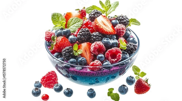 Fototapeta • A vibrant smoothie bowl topped with fresh fruits and nuts, isolated on white background in HD 