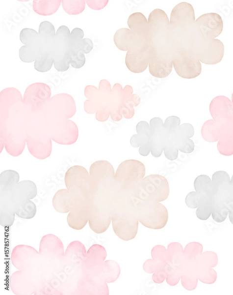Fototapeta Simple Hand Drawn Irregular Vector Pattern With Pink, Gray and Beige Clouds on a White Background. Delicate Pastel Colors Baby Shower Endless Print For Baby Girl. Wallpaper With Fluffy Clouds. 