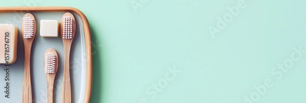Fototapeta Bamboo toothbrushes and soap on tray for eco blog, 3:1 banner image with pastel green background and right-aligned copy space for website header
