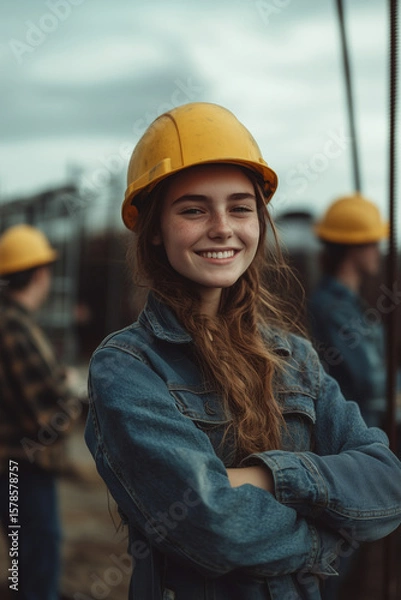 Fototapeta Construction site worker smiling with a yellow hard hat while colleagues engage in work at a site in overcast weather