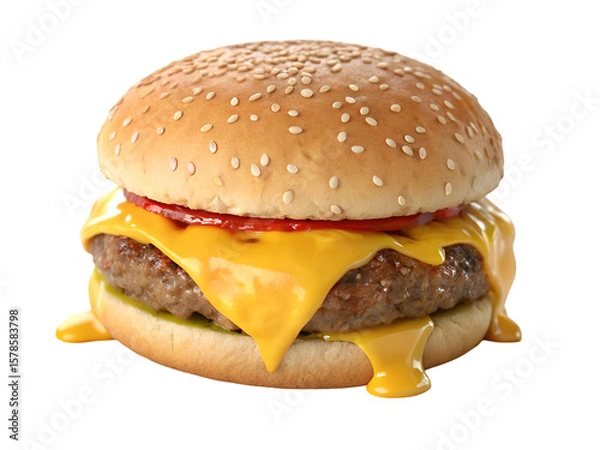 Fototapeta A mouthwatering cheeseburger dominates the frame, presented against a stark white background. The burger features a perfectly round, golden-brown sesame seed bun.