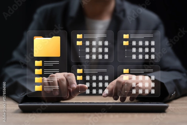 Fototapeta DMS, Security Document Management System concept, Businessman show document dashboard uses technology software systems to manage, Automation Searching, Managing digital files, Cloud storage folders