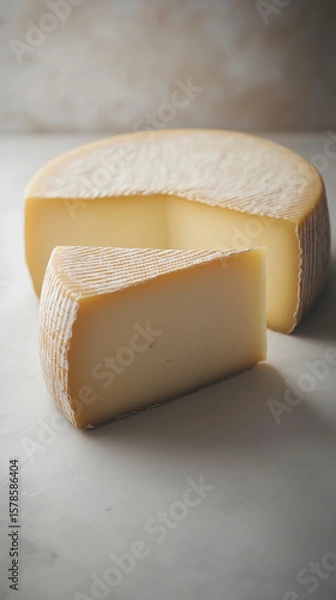 Fototapeta Deliciously crafted cheese wheel with a slice removed, displayed on a clean surface showcasing its texture and color